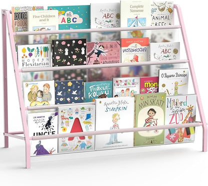 High-Transparent 4 Tier Kids Bookshelf, Sturdy Metal Large Size Book Rack Storage for Kid - Toddler Book Shelf Display for Nurasery, Playroom or Kids Room, Bookshelf Hold More Books - Pink
