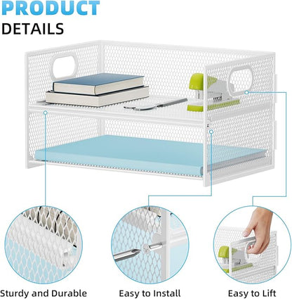 Marbrasse 2 Tier Paper Organizer Letter Tray, Mesh File Organizer with Handle, Paper Sorter Desk Organizer for Home Office Supplies - White