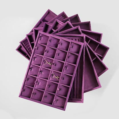 Velvet Stackable Jewelry Display Tray, 24 Grid Earring Ring Storage Tray, Drawer Divider Jewelry Accessories Organizer Plate (Purple)