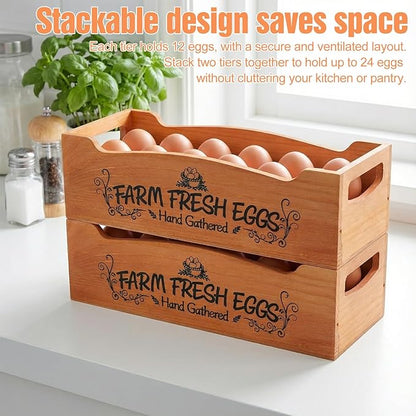 2 Pieces Wooden Egg Holder Countertop, Stackable 12 Capacity Farmhouse Rustic Pinewood Egg Storage Display Rack Basket with Handle, Eggs Organizer Stand Box with “Farm Fresh Eggs” Print
