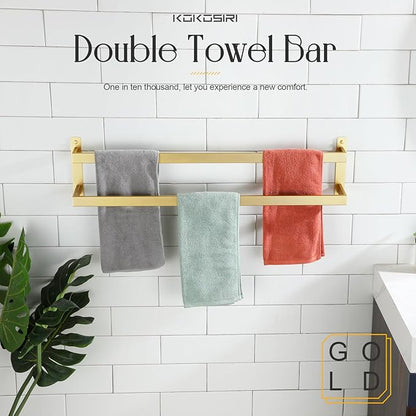 KOKOSIRI Bath Towel Bars Bathroom 2-Tiers Ladder Brushed Gold Towel Rails 32-Inch Towel Holders Wall Mounted Towels Shelves Rack Stainless Steel, B5008BG-L32