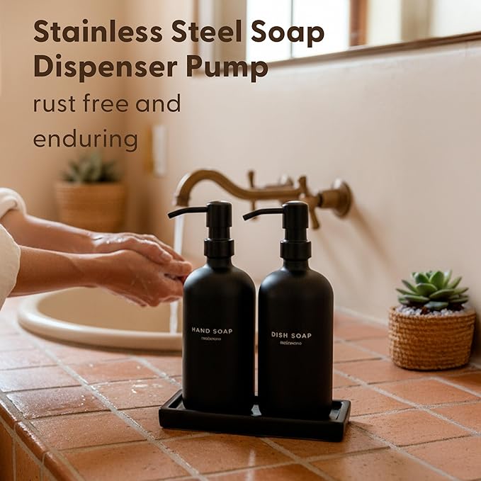 Maisonovo Kitchen Soap Dispenser Set | Hand and Dish Soap Dispenser Set with Handmade Ceramic Vanity Tray and 16 Waterproof Labels | Black Glass Bottles & Black Pumps