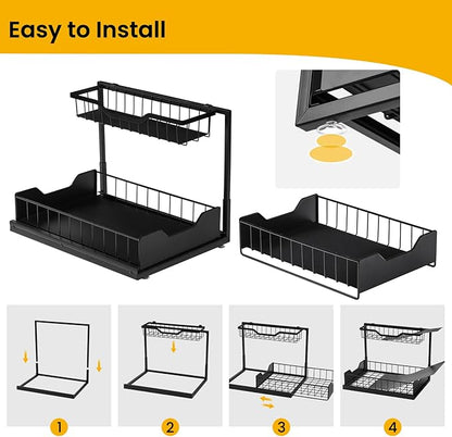 3 Pack, Under Sink Organizer 2-Tier with Slide Out Lower Drawer - Metal Pull Out Cabinet Organizer for Kitchen Bathroom, Includes Removable Center Basket & Storage Shelves, Space Saving Design