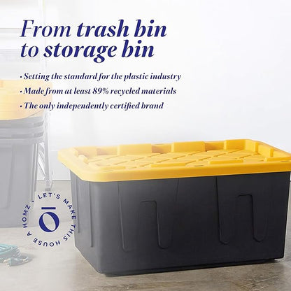 HOMZ 4-Pack Durabilt Tote, Heavy Duty Plastic Storage Bins with Lids, 34 Gallon, Black/Yellow - Stackable Organizing Containers for Home, Garage, and Office