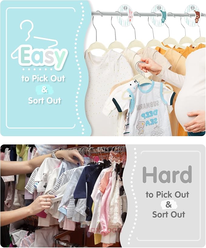 VIS'V Baby Hangers, 11 Inch Velvet Kids Hangers with 6 Pcs Clothes Size Dividers, Infant Toddler Nursery Closet Organization, Non Slip, Beige, 30 Pcs