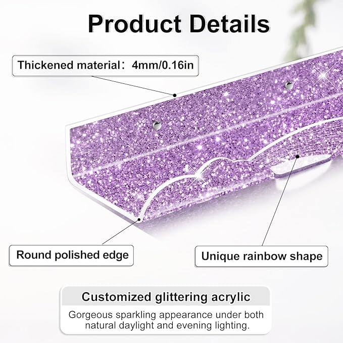 Rainbow Glitter Acrylic Floating Shelves, 15.7" Wall Mounted Nursery Bookshelf, Display Ledge for Book Toy Cosmetic Storage, Bathroom Bedroom Living Room Wall Organizer, 4 Pack, Silver Purple