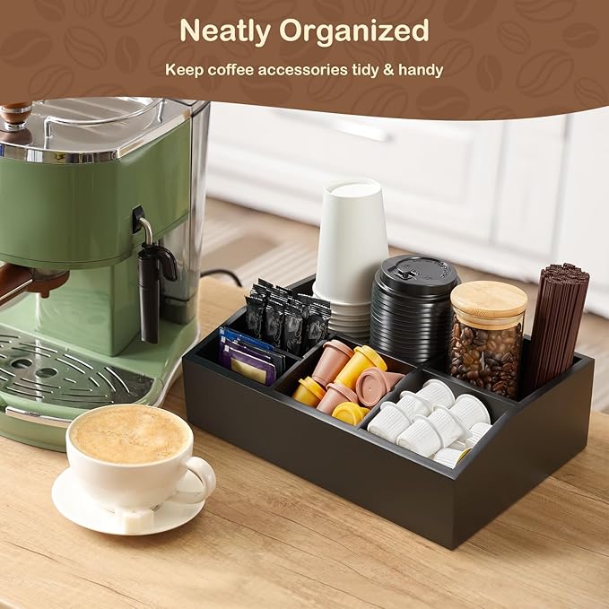 Black Coffee Station Organizer for Countertop, Coffee Bar Accessories and Organizer, Coffee Pod Holder Storage Basket for K Cup Sugar Tea