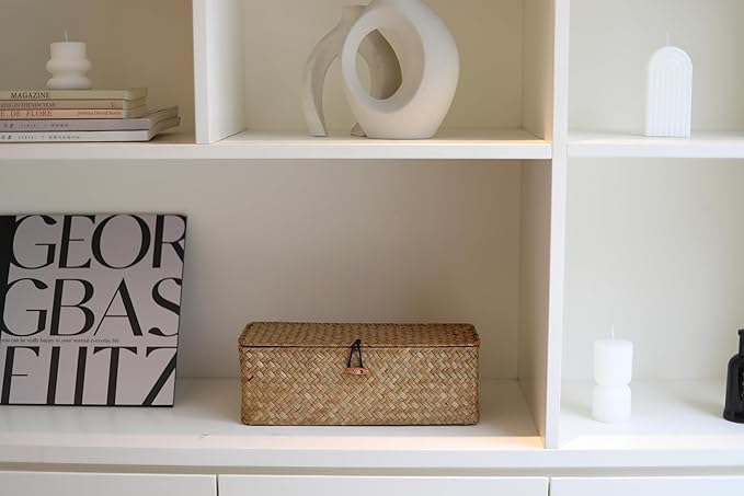 DOKOT Seagrass Woven Storage Basket with Lid, Rectangular Narrow Tampon Toilet Tank Organizer