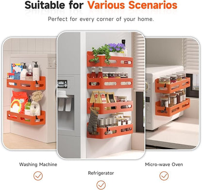 4 Pack Strong Magnetic Spice Rack for Refrigerator, Multipurpose Magnetic Shelf for Fridge with 4 Hooks for kitchen and Bathroom Organization, Orange