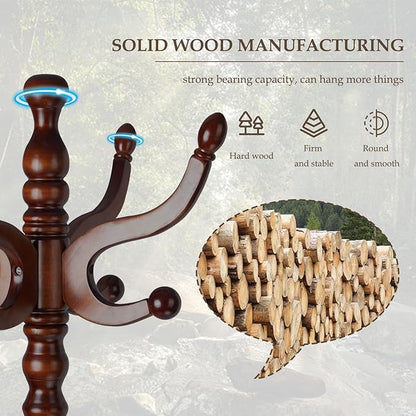 Wood Coat Rack Freestanding, Natural Coats Tree Stand with 14 Hooks, 73" Sturdy and Easy Assembly Coat Rack Stand for Entryway, Hallway, Bedroom, Bags, Hats (Tri-legged Base, Cherry Color)