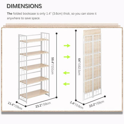 4NM No Assembly 5 Tiers Folding Bookshelf, 59.4" H Foldable Storage Shelves Vintage Bookcase Standing Racks Study Organizer Home Office - Natural White