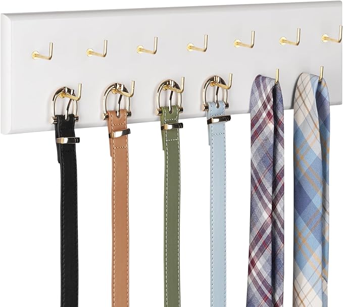 Creproly Belt Hanger Wall Mount Belt Organizer for Closet, Holds Over 28 Belts Wooden Wall Mounted Belt Rack Storage Tie and Scarf Hanger for Closet, Wall, Door (White)