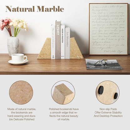 Marble Bookend for Heavy Books, Decorative Bookends for Shelves, Durable and Heavy-Duty Book End for Hardback Book & CDS, Unique Book Stopper & Holder, Pearlly Yellow, Set of 2