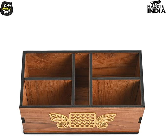GKD wooden Remote Stand with 5 Sections | Remote Holder for Living Room, TV, and AC | Stationary Organizer | 5 in 1 | Ideal for Home and Office (Brown Butterfly)