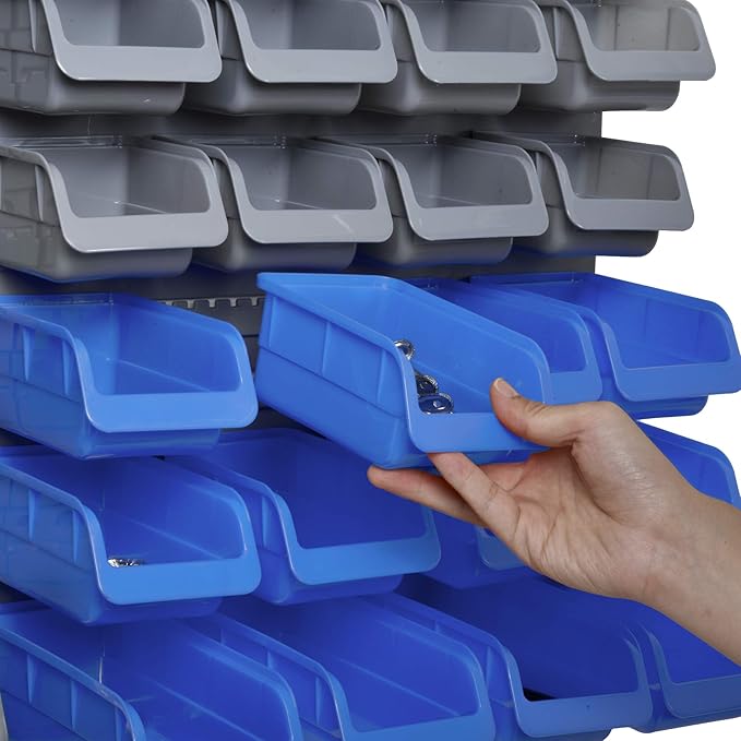 DURHAND Wall Mounted Storage Bins, 44PC Pegboard Tool Organizer Rack Kit Garage Plastic Shop Tool, Blue