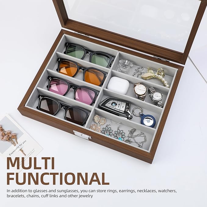 BAOJULONG Wooden Sunglasses Organizer Box, Eyewear Display Eyeglass Case, Glasses Storage Box Sunglass Holder Gifts