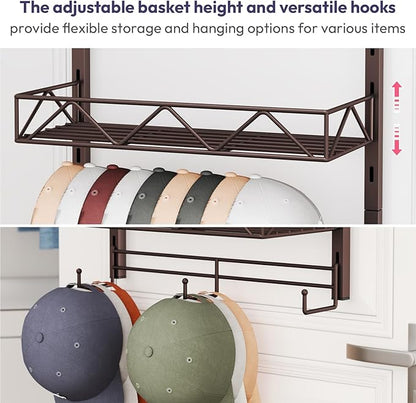 SWTYMIKI Over Door Hat Organizer - 3 Tier Wall Mounted Hat Rack with 2 Adjustable Metal Basket and 3 Hooks, Hanging Baseball Cap Organizer Storage Holds up to 29 Caps for Door, Bedroom, Closet
