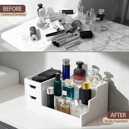 UUyuality Countertop Perfume & Makeup Organizer - Wooden Rack, Cologne Stand Shelves & Skincare Organizer for Bedroom Dresser, Organizador de Perfumes Estante para Perfumes (White, 01)