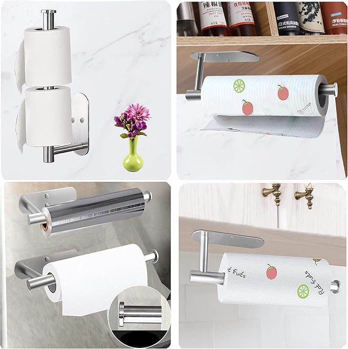 Paper Towel Holder-2pcs Adhesives, Wall-Mounted Paper Towels Roll for Kitchen, Self-Adhesive Under Cabinet Kitchen roll Holder, Both Available in Adhesive and Screws, Stainless Steel for Bathroom RV