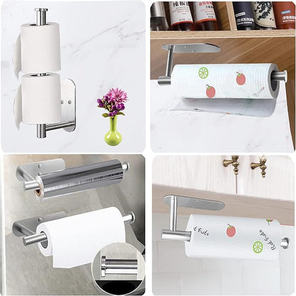 Paper Towel Holder-2pcs Adhesives, Wall-Mounted Paper Towels Roll for Kitchen, Self-Adhesive Under Cabinet Kitchen roll Holder, Both Available in Adhesive and Screws, Stainless Steel for Bathroom RV
