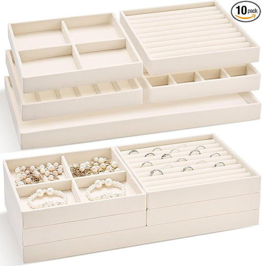 Set of 10 Stackable Jewelry Organizer Trays for Drawer 14 Inch Velvet Jewelry Drawer Insert Display Storage with Removable Divider for Necklace Earring Ring Watch Bracelet (Beige)