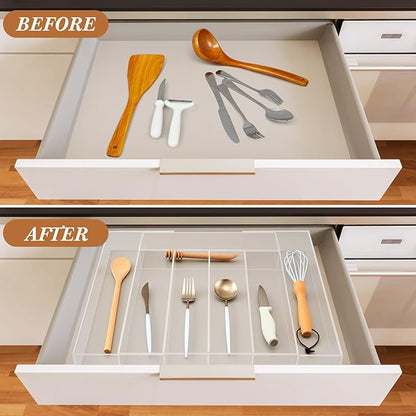 1 Pack Expandable Kitchen Drawer Organizer Clear Acrylic Utensil Organizer Adjustable Acrylic Silverware Storage for Drawers Silverware Flatware Knives (12 x 16 Inches,5-7 Compartments)
