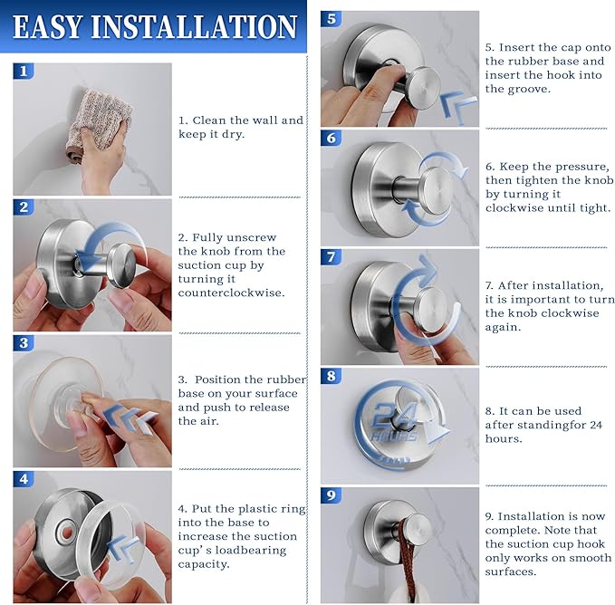 warlve Suction Cup Hooks No Drill Stainless Steel Shower Hooks Towel Hook Heavy Duty on Smooth and Non-Porous Surfaces in Bathrooms Kitchen Bedroom (2, Brushed Nickel)