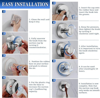 warlve Suction Cup Hooks No Drill Stainless Steel Shower Hooks Towel Hook Heavy Duty on Smooth and Non-Porous Surfaces in Bathrooms Kitchen Bedroom (2, Brushed Nickel)