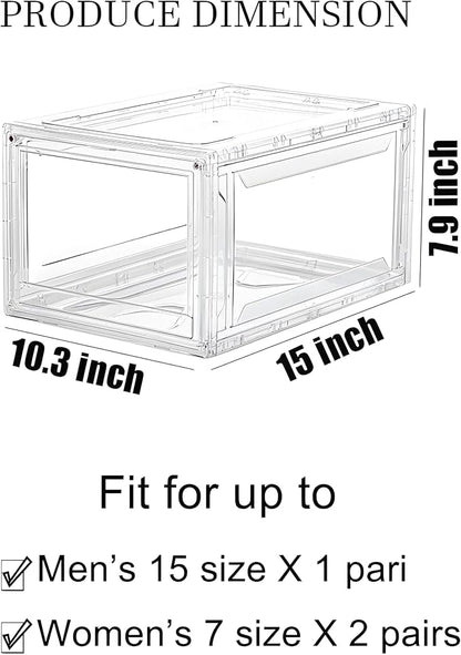 12 Pack Acrylic Clear Shoe Boxes– Ultra Clear Plastic Stackable Sneaker Storage For Sneakerhead. Professional Grade Shoe Display Case with Magnetic Door .Boots and Hat Organizer.Fits US Size 15