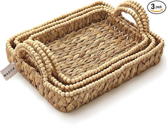 Handwoven Water Hyacinth Storage Baskets for Toilet, Living Room, Nursery Organization - Natural Rectangular Set of 3 Versatile Nesting Baskets with Scalloped Edge Design & Handles