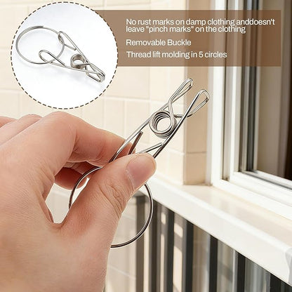 6 PCS Stainless Steel Hanging Drying Rack with 30 Hooks Clips, Swivel Hook Wind-Proof Clothes Sock Drying Hangers Laundry Accessories for Socks Bras Underwear Towel Hat Scarf Pants Gloves
