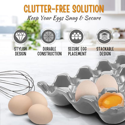Flexzion 12 Cups Ceramic Egg Holder for Fridge - Dozen Ceramic Egg Tray Porcelain Container Storage Organizer Decorative Serving Stand Serveware for Refrigerator Countertop Display (Gray, 2 Pack)