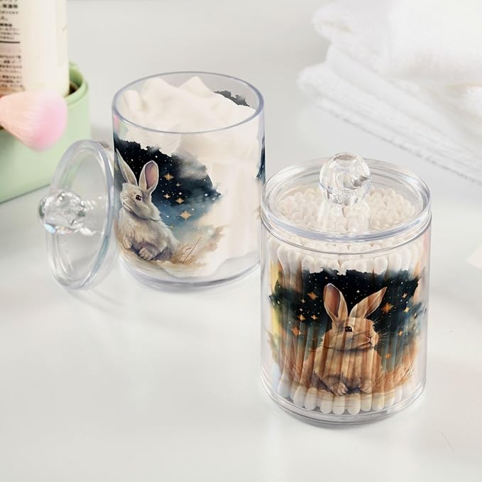 MNSRUU 2 Pack Qtip Holder Organizer Dispenser Animal Rabbit Pink Bathroom Storage Canister Cotton Ball Holder Bathroom Containers for Cotton Swabs/Pads/Floss