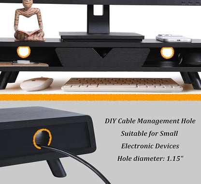 Homerays Monitor Stand with Drawer, Exquisite Computer Monitor Stand for Desk, Ergonomic Wood Monitor Stand Riser for Computer,Laptop,Printer,TV,Bamboo,Black