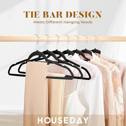 HOUSE DAY Velvet Hangers 20 Pack, Non-Slip Hangers with Tie Bar, Premium Standard Clothes Hanger Slim Felt Hanger 360° Swivel Hook for Closet Organized Storage，Elegance Black 72g/Pc