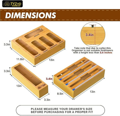 9-in-1 Bamboo Storage Bag Organizer with Cutter, Kitchen Drawer & Wall Mount Storage for Foil, Plastic Wrap, Gallon, Quart, Sandwich, Snack & Freezer Bags, Fits Rolls ≤12” Long, ≤2” Diameter