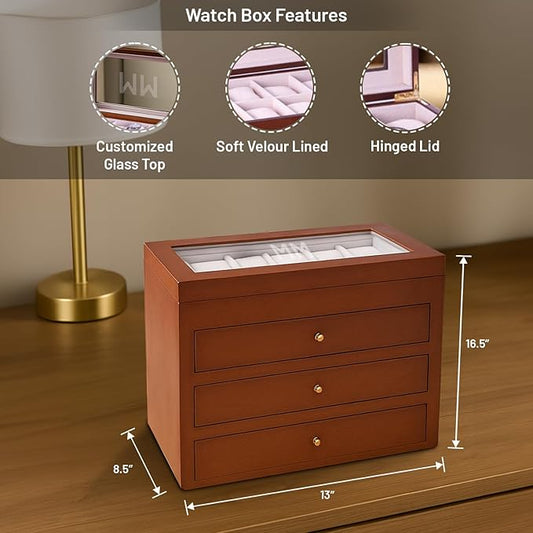 Bey-Berk Personalized Cherry Wood 48-Slot Watch Box (Brown), Custom Glass-Top Solid Wood Watch Organizer with Drawers & Velour-Lined Cushions