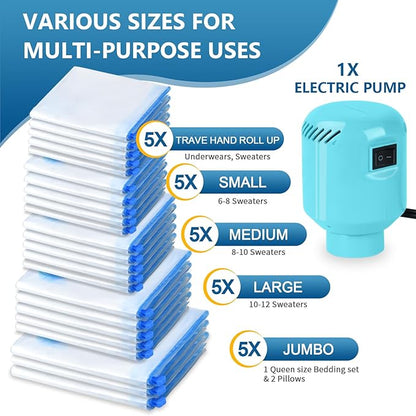 HOTBAG Large Vacuum Storage Bags with Electric Pump 25Pack(5 Jumbo/5 Large/5 Medium/5 Small/5 Roll) Vacuum Seal Bags For Clothing Travel Packing,Blanket,Duvets,Pillows,Comforters
