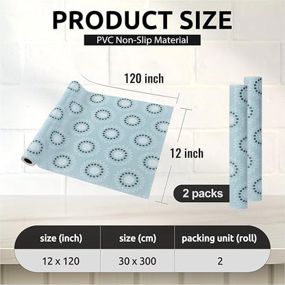 FIFTY FEET 12X120 Inch Shelf Liner for Kitchen Cabinets, PVC Drawer Liner for Dresser Non-Slip Bathroom, Non-Adhesive Cabinet Liner Washable (Blue Circle)(2 Roll)
