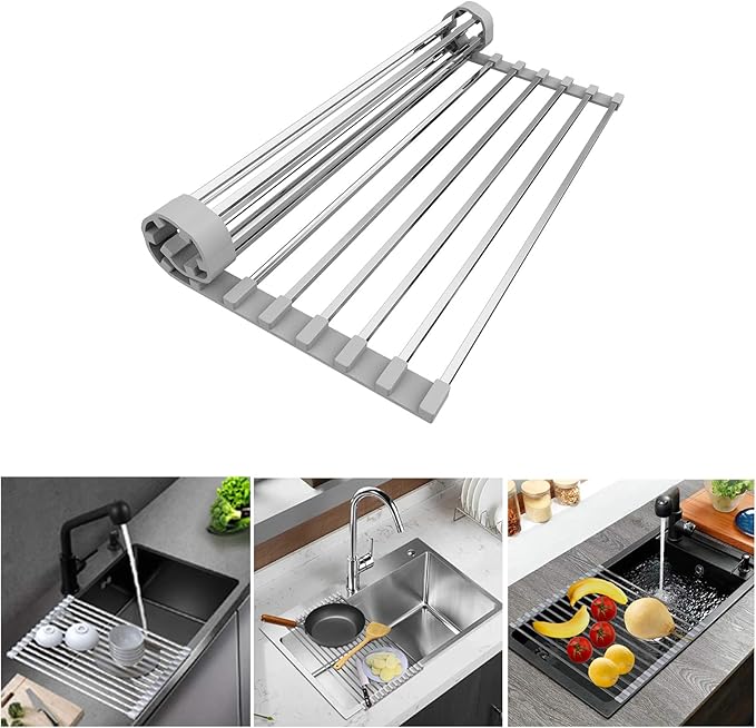 LUEXBOX Roll Up Dish Drying Rack, 17 inch Stainless Steel in Sink Dish Drying Rack, Multipurpose Foldable Kitchen Sink Rack Mat for Dishes, Cups, Fruits Vegetables, Multi-Use Drying, Draining