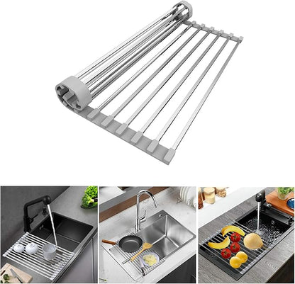 LUEXBOX Roll Up Dish Drying Rack, 17 inch Stainless Steel in Sink Dish Drying Rack, Multipurpose Foldable Kitchen Sink Rack Mat for Dishes, Cups, Fruits Vegetables, Multi-Use Drying, Draining