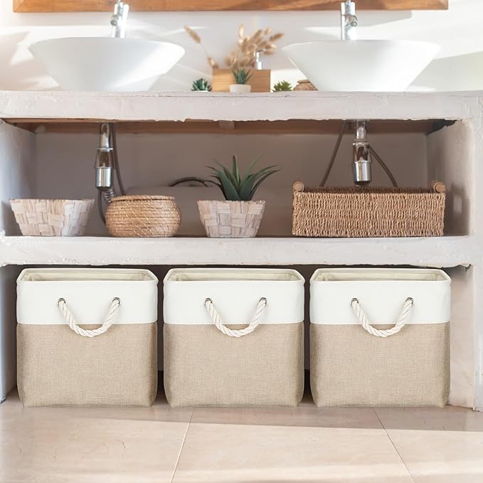 meekoo 8 Pack Collapsible Storage Bins Fabric Storage Bins Polyester Fabric Baskets with Handles Linen Closet Organizer for Shelf Home Closet Towels Toys(17 x 12 x 15 in,Beige)
