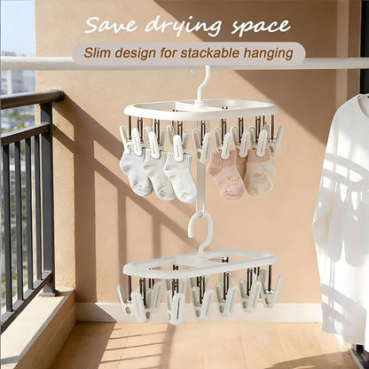 Clothes Drying Hanger with 12 Clips 2 Pack Folding Portable Hanging Drying Rack,Drip Foldable Hanging Rack 360° Rotatable Hook Clips