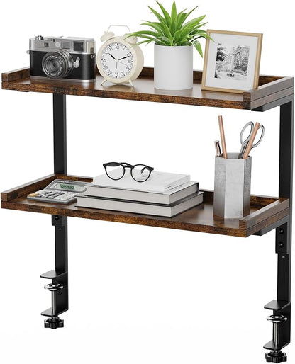 Clamp On Desk Shelf 2-Tier, 16.5 in Wood Shelving Unit for Office Desk/Gaming Accessories, Tabletop Book Storage Rack, Shelf for Top of Desk, Brown