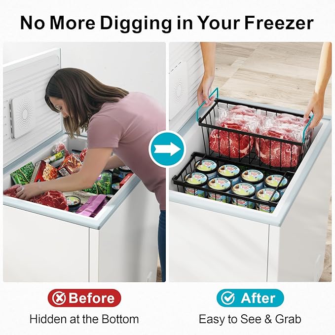 iSPECLE Freezer Storage Bins - 6 Pack Small Stackable Deep Freezer Organizer Bins for Most 7 Cu.FT Chest Freezer Sort Frozen Food, Freezer Basket with Handles Easy to Get Food from Bottom, Black