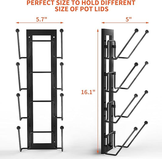 8 Layers of Adjustable Pot Lid Organizer Rack for Cabinet Door/Wall，2Pack Lid Organizer Pots and Pans Holder for Kitchen Storage with No Drilling Adhesive 5.7 W“(Black)