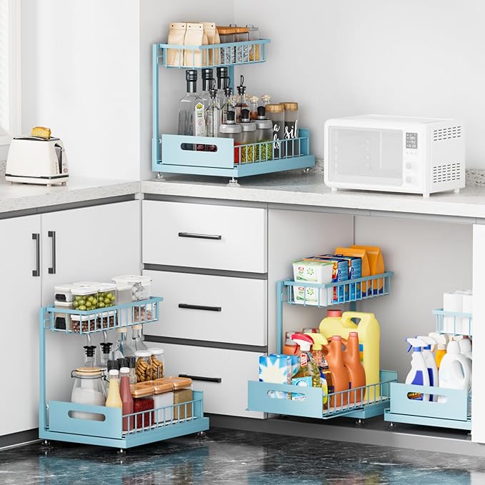 Under Sink Organizer Storage 2-Tier Premium Metal Pull-Out Racks, Height Adjustable, Heavy Dut and Easy Installation for Kitchen & Bathroom Organizers 1 Pack Teal