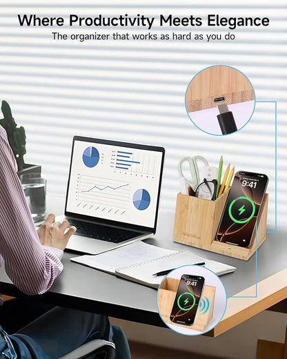 Bamboo Pen Holder for Desk & Nightstand Organizer with Fast Wireless Charging for iPhone, Samsung & More – Office Desk Accessories for Men/Women (Bamboo)