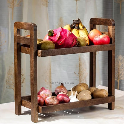 Brick Brown Premium Cocoa Kitchen Wooden Organizer 2-Tiered Serving Stand| Display Snacks, Fruits & Desserts | Kitchen & Dining Organizer in Mahogany Finish (Self Assembly)
