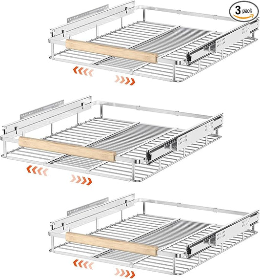 SANNO Expandable Pull Out Cabinet Organizer,Slide Out Pantry Shelf for Kitchen Cabinet or Under Sink,Extendable Width16.1 to 26.4" W,Chrome Finish,3Pack